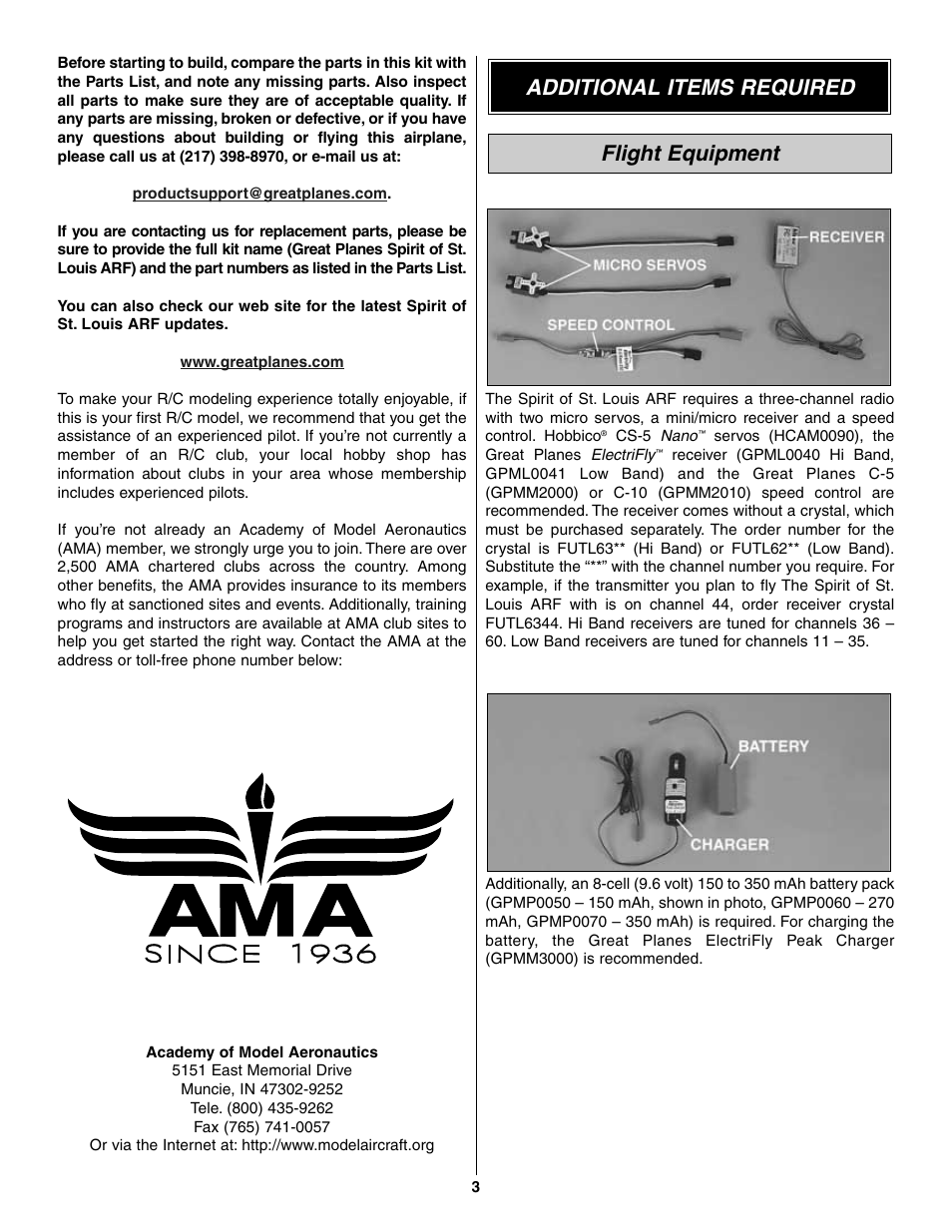 Flight equipment additional items required | Great Planes Spirit of St. Louis ARF - GPMA1151 User Manual | Page 3 / 24