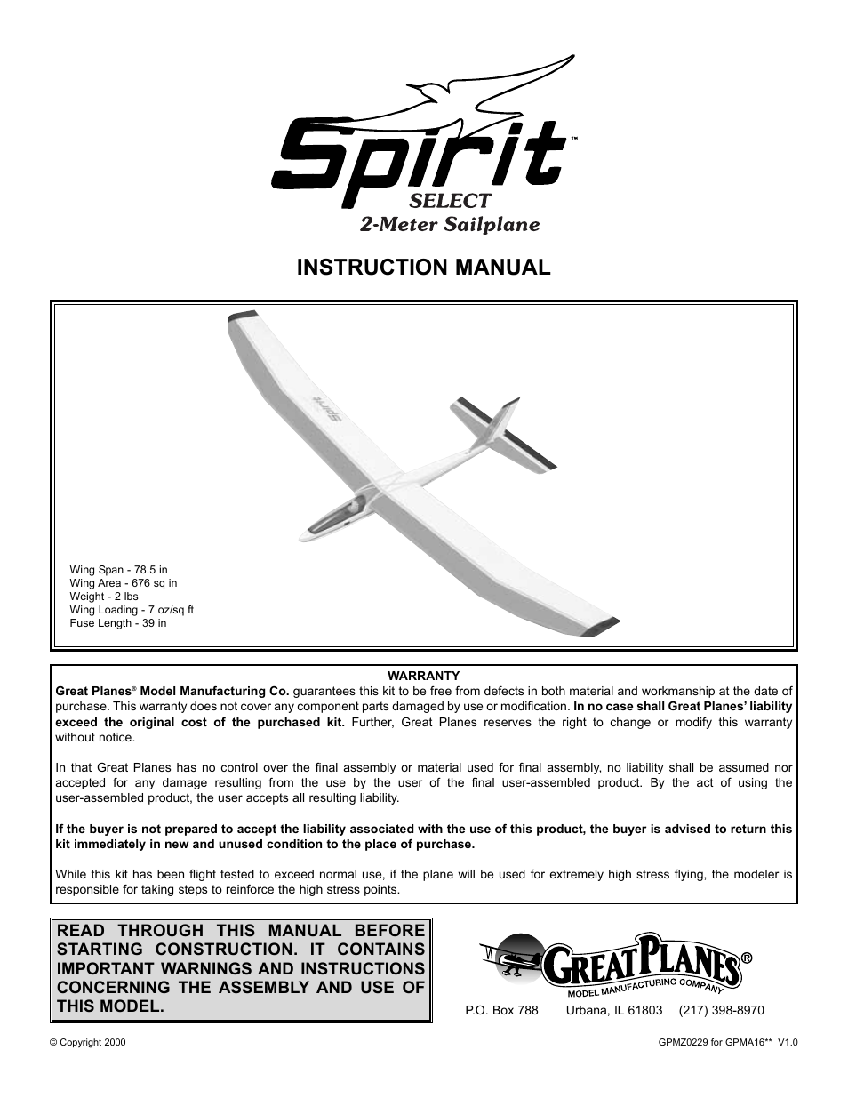 Great Planes Spirit Select RTF - GPMA16 User Manual | 8 pages