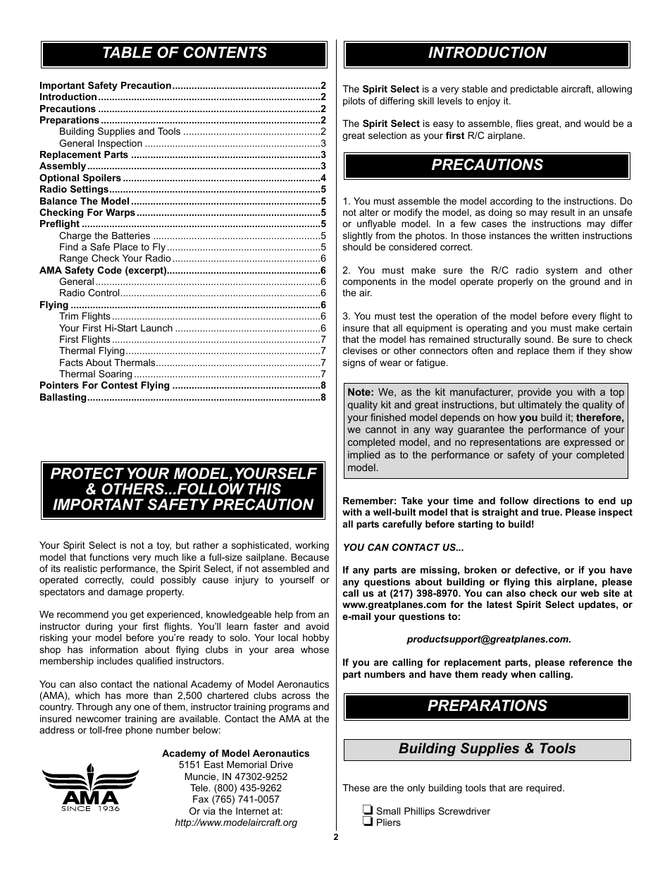 Preparations, Building supplies & tools | Great Planes Spirit Select RTF - GPMA16 User Manual | Page 2 / 8