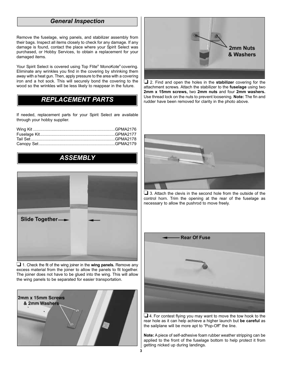 Assembly replacement parts, General inspection | Great Planes Spirit Select RTF - GPMA16 User Manual | Page 3 / 8