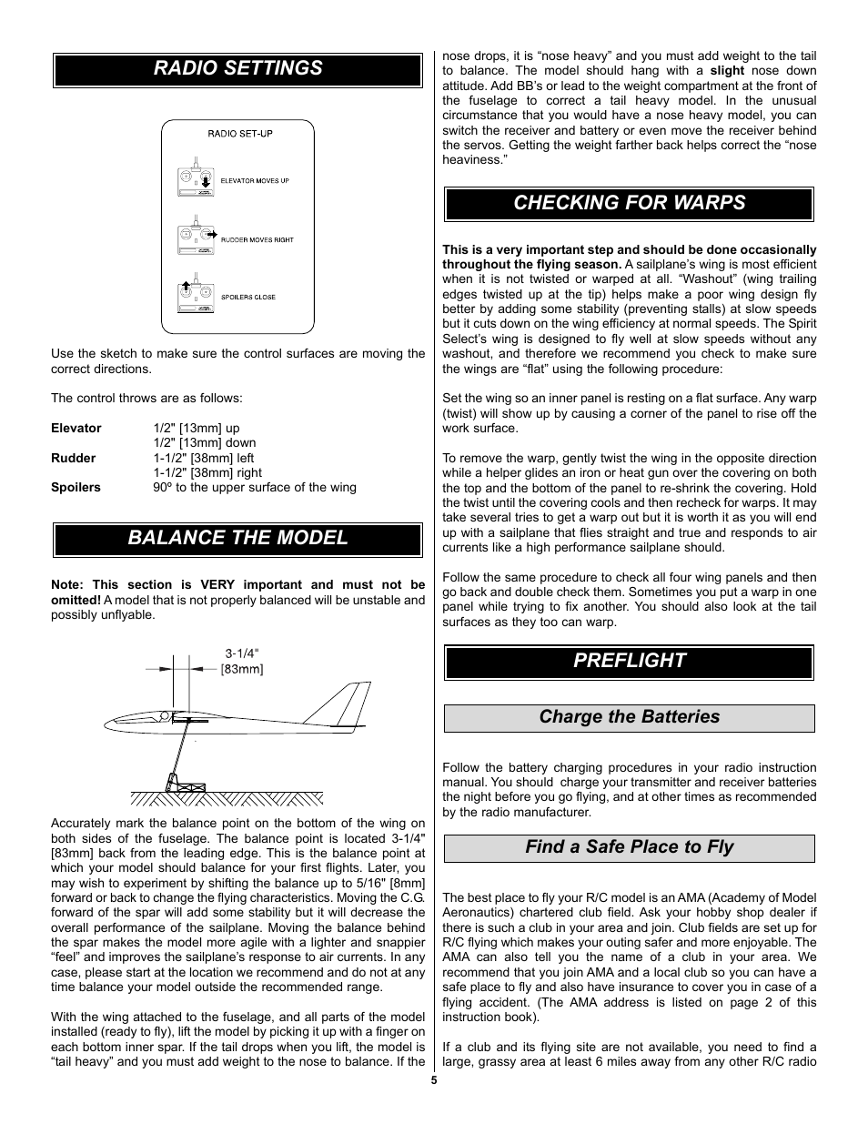Find a safe place to fly charge the batteries | Great Planes Spirit Select RTF - GPMA16 User Manual | Page 5 / 8