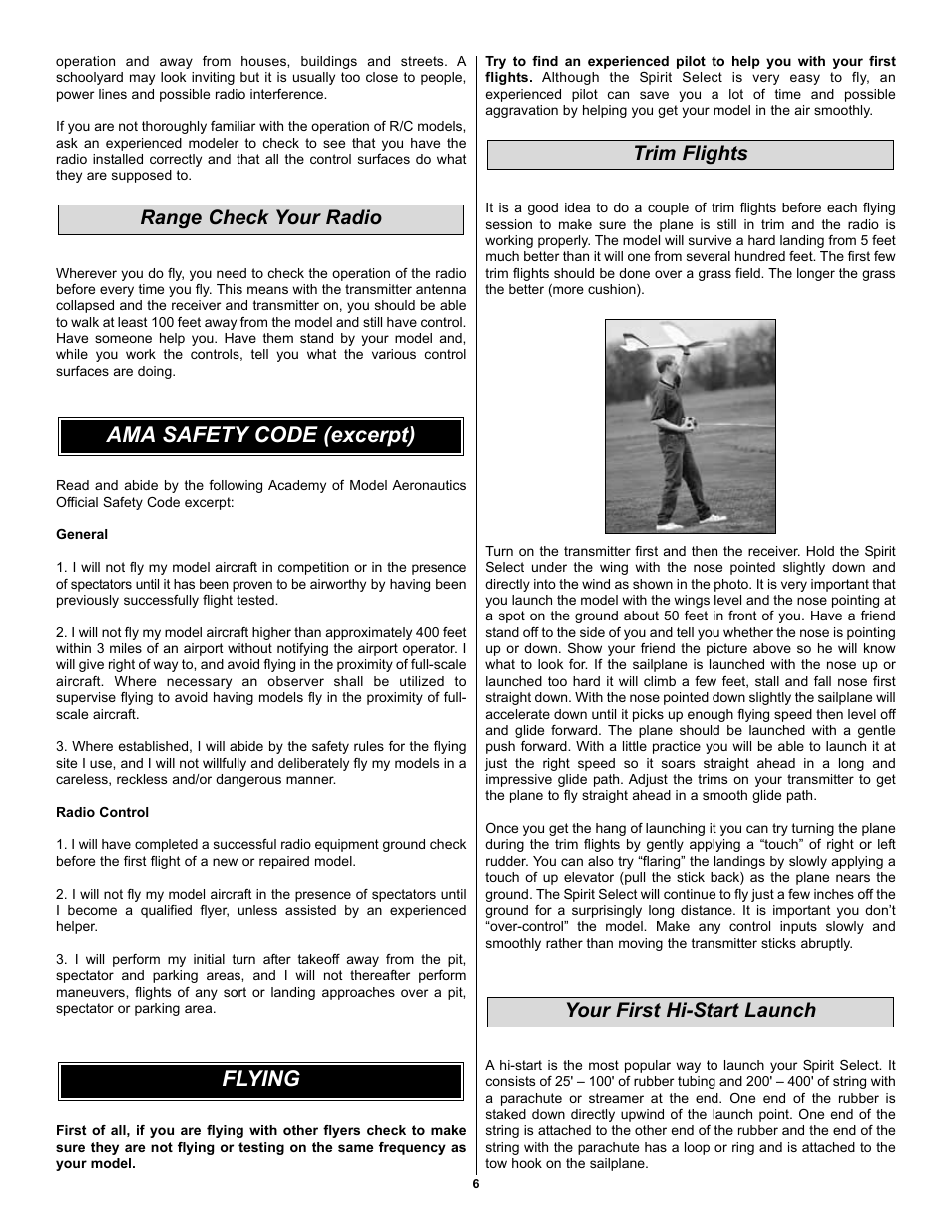 Flying ama safety code (excerpt), Your first hi-start launch trim flights, Range check your radio | Great Planes Spirit Select RTF - GPMA16 User Manual | Page 6 / 8