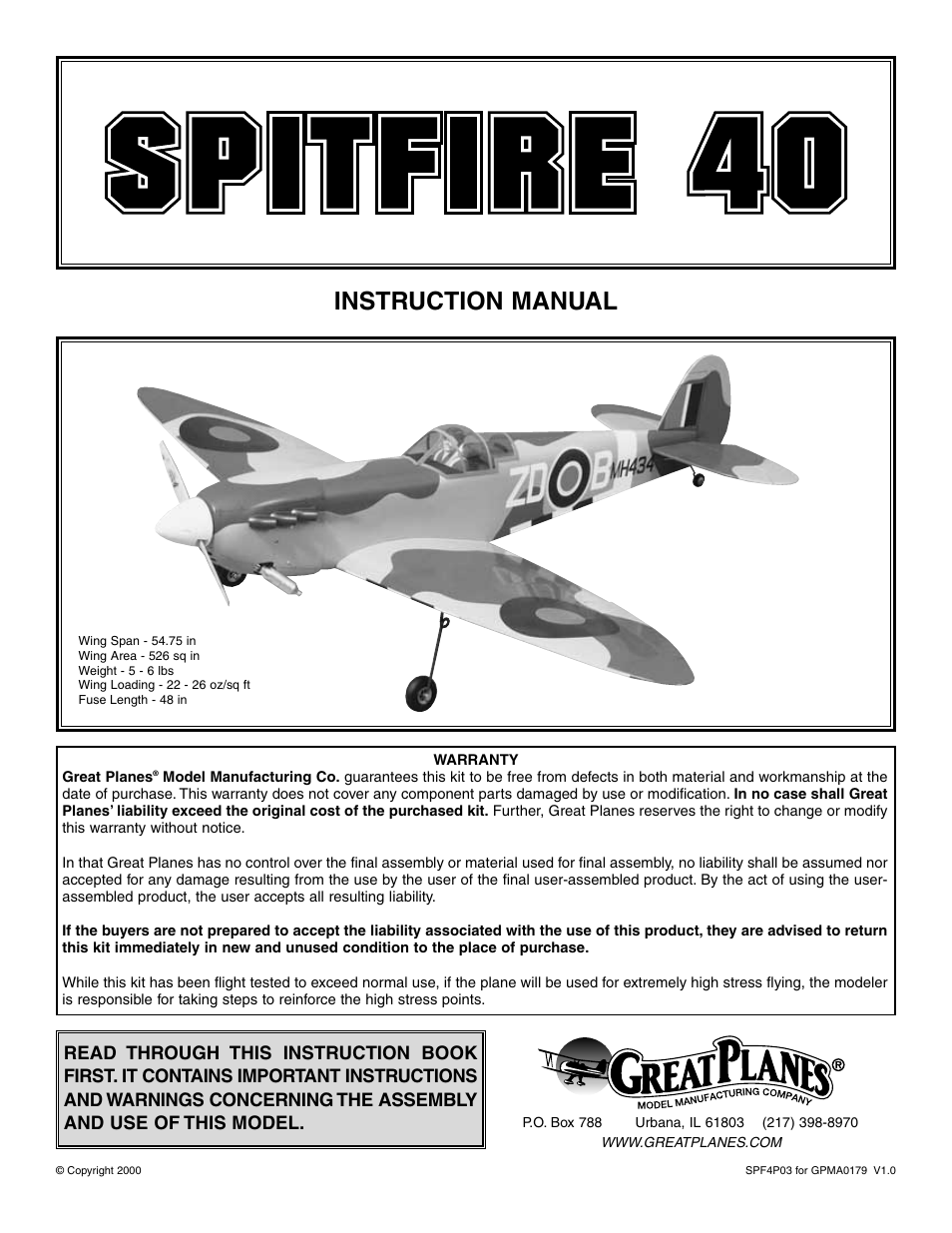 Great Planes Spitfire 40 Kit - GPMA0179 User Manual | 42 pages