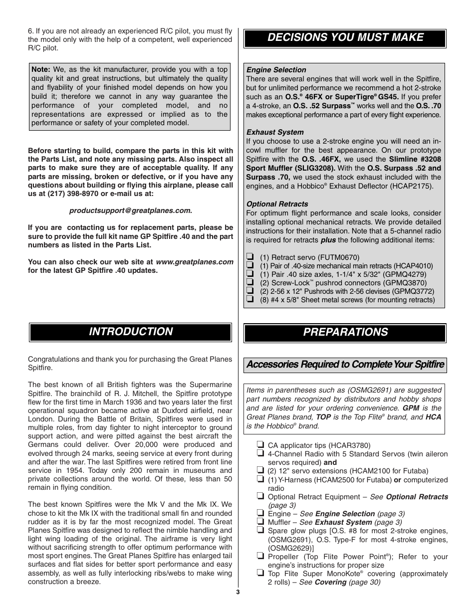 Preparations, Decisions you must make introduction, Accessories required to complete your spitfire | Great Planes Spitfire 40 Kit - GPMA0179 User Manual | Page 3 / 42