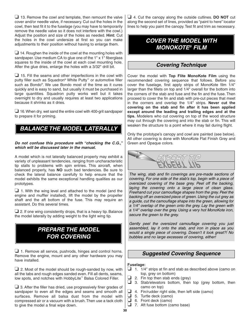 Cover the model with monokote, Suggested covering sequence, Covering technique | Great Planes Spitfire 40 Kit - GPMA0179 User Manual | Page 30 / 42