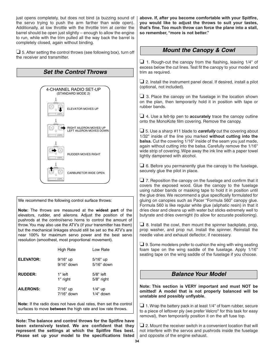 Balance your model mount the canopy & cowl, Set the control throws | Great Planes Spitfire 40 Kit - GPMA0179 User Manual | Page 34 / 42