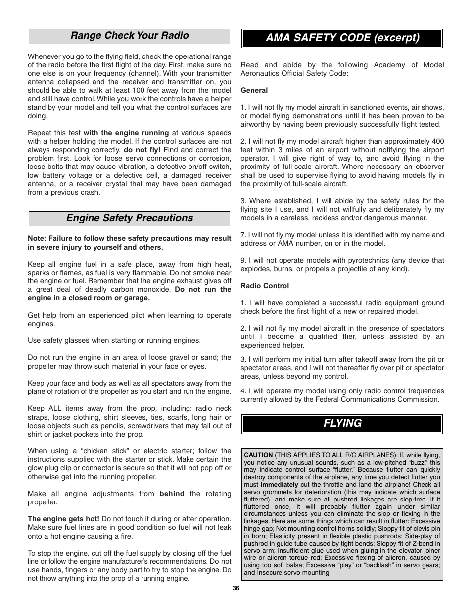 Flying ama safety code (excerpt), Engine safety precautions range check your radio | Great Planes Spitfire 40 Kit - GPMA0179 User Manual | Page 36 / 42