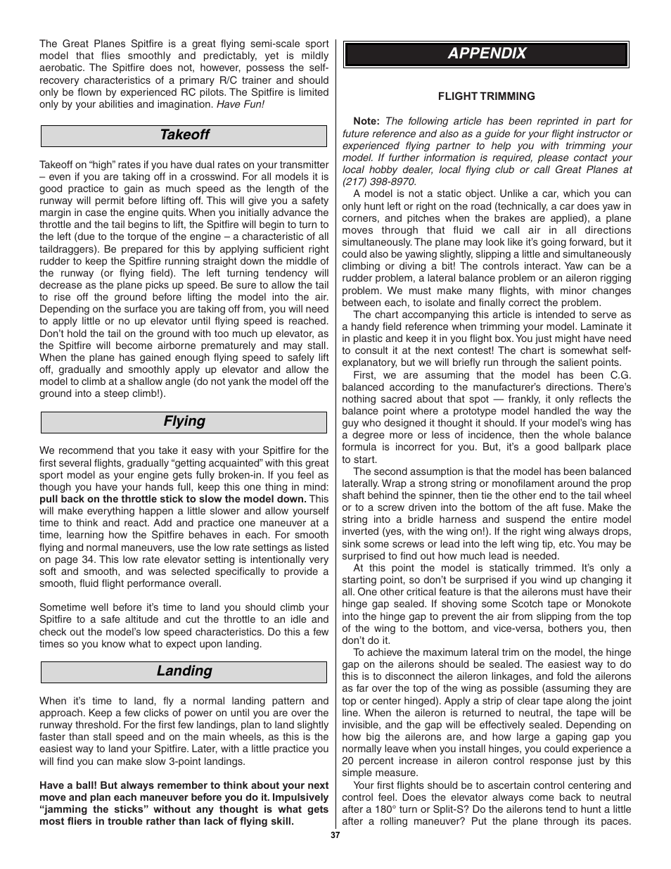 Appendix, Landing flying takeoff | Great Planes Spitfire 40 Kit - GPMA0179 User Manual | Page 37 / 42