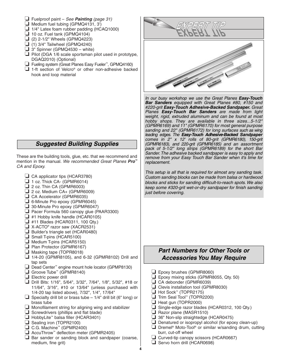 Suggested building supplies | Great Planes Spitfire 40 Kit - GPMA0179 User Manual | Page 4 / 42