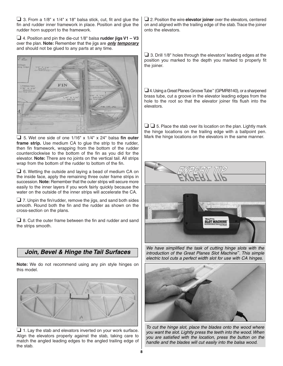 Join, bevel & hinge the tail surfaces | Great Planes Spitfire 40 Kit - GPMA0179 User Manual | Page 8 / 42