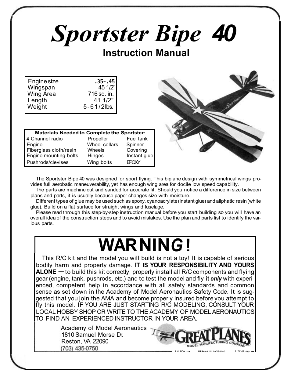 Great Planes Sportster Bipe 40 Kit - GPMA0510 User Manual | 32 pages