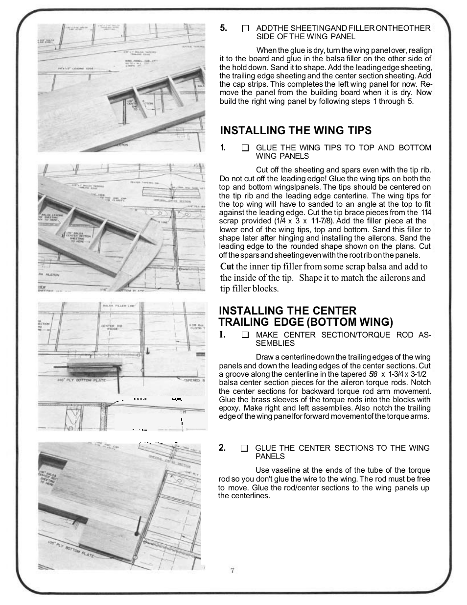 Installing the wing tips, Installing the center trailing edge (bottom wing) | Great Planes Sportster Bipe 40 Kit - GPMA0510 User Manual | Page 7 / 32