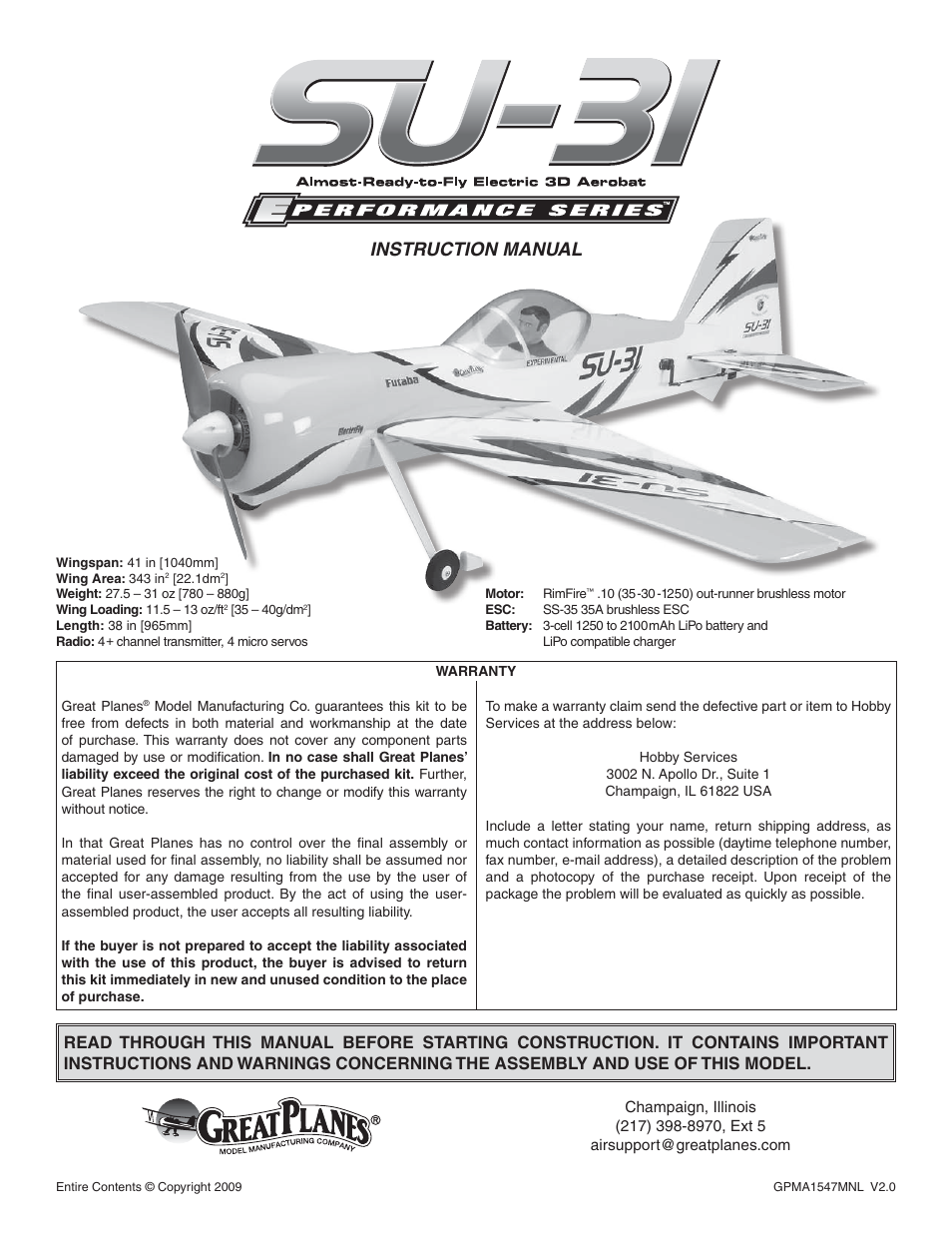 Great Planes SU-31 Sukhoi EP 3D ARF - GPMA1547 User Manual | 24 pages