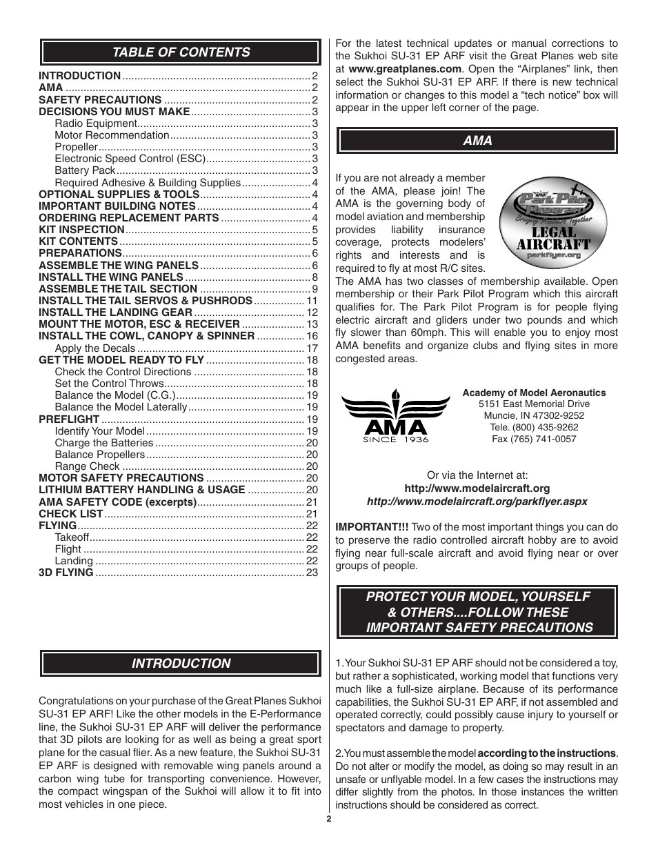 Great Planes SU-31 Sukhoi EP 3D ARF - GPMA1547 User Manual | Page 2 / 24