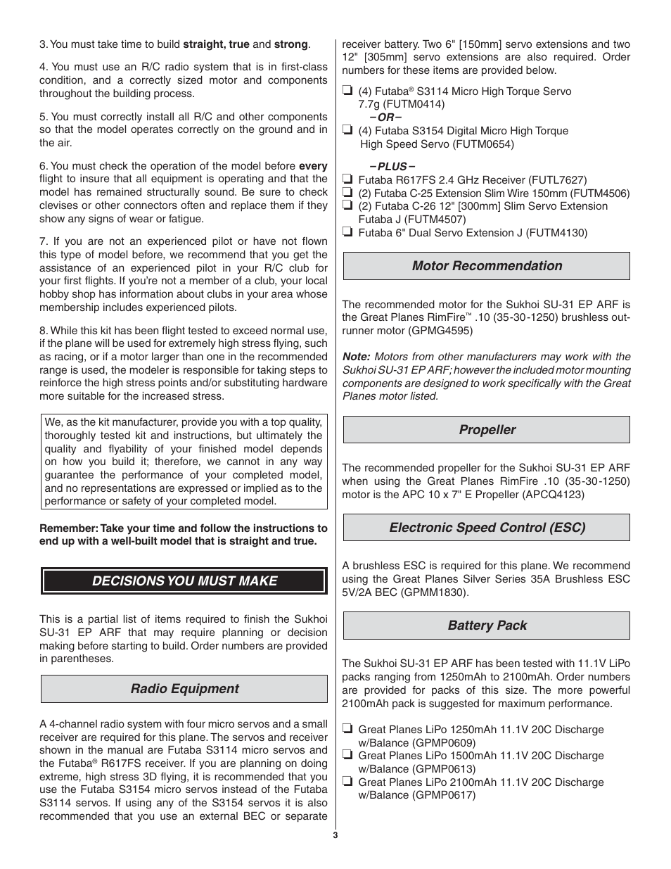 Great Planes SU-31 Sukhoi EP 3D ARF - GPMA1547 User Manual | Page 3 / 24