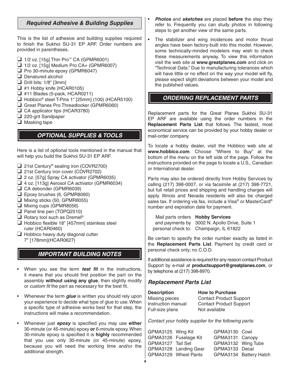 Great Planes SU-31 Sukhoi EP 3D ARF - GPMA1547 User Manual | Page 4 / 24