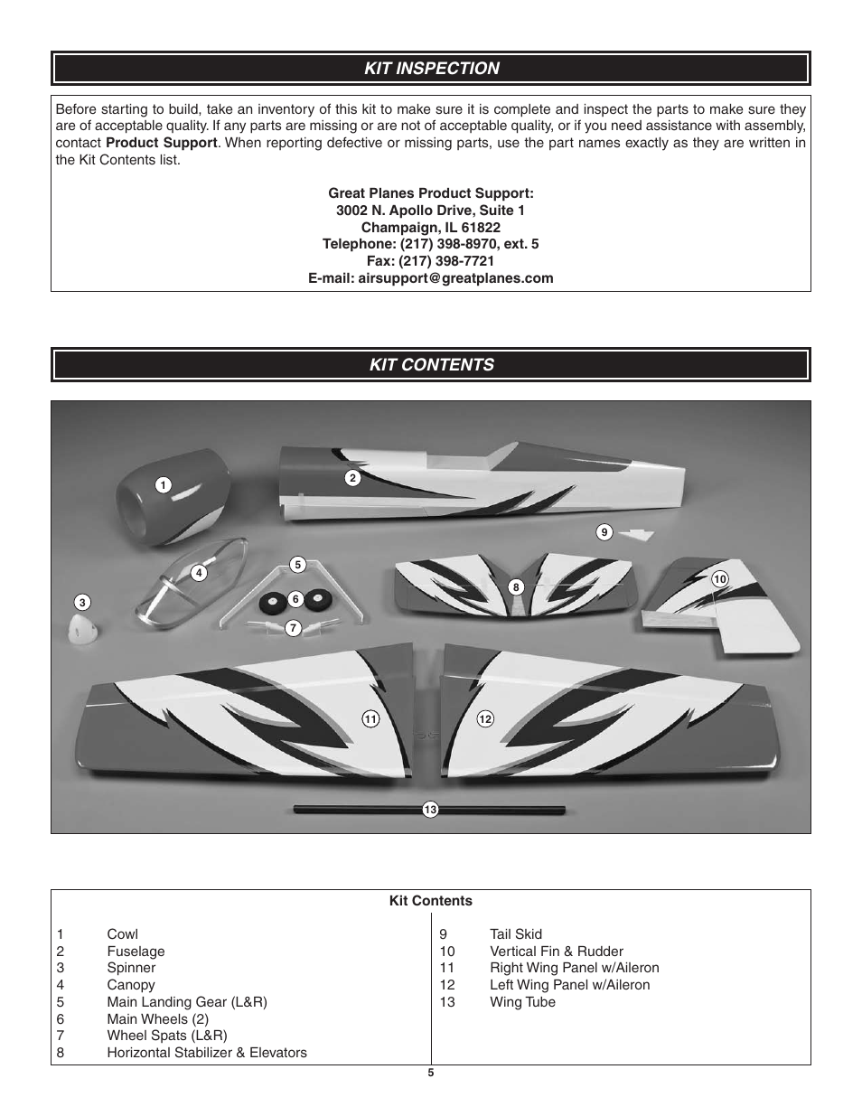 Kit inspection, Kit contents | Great Planes SU-31 Sukhoi EP 3D ARF - GPMA1547 User Manual | Page 5 / 24