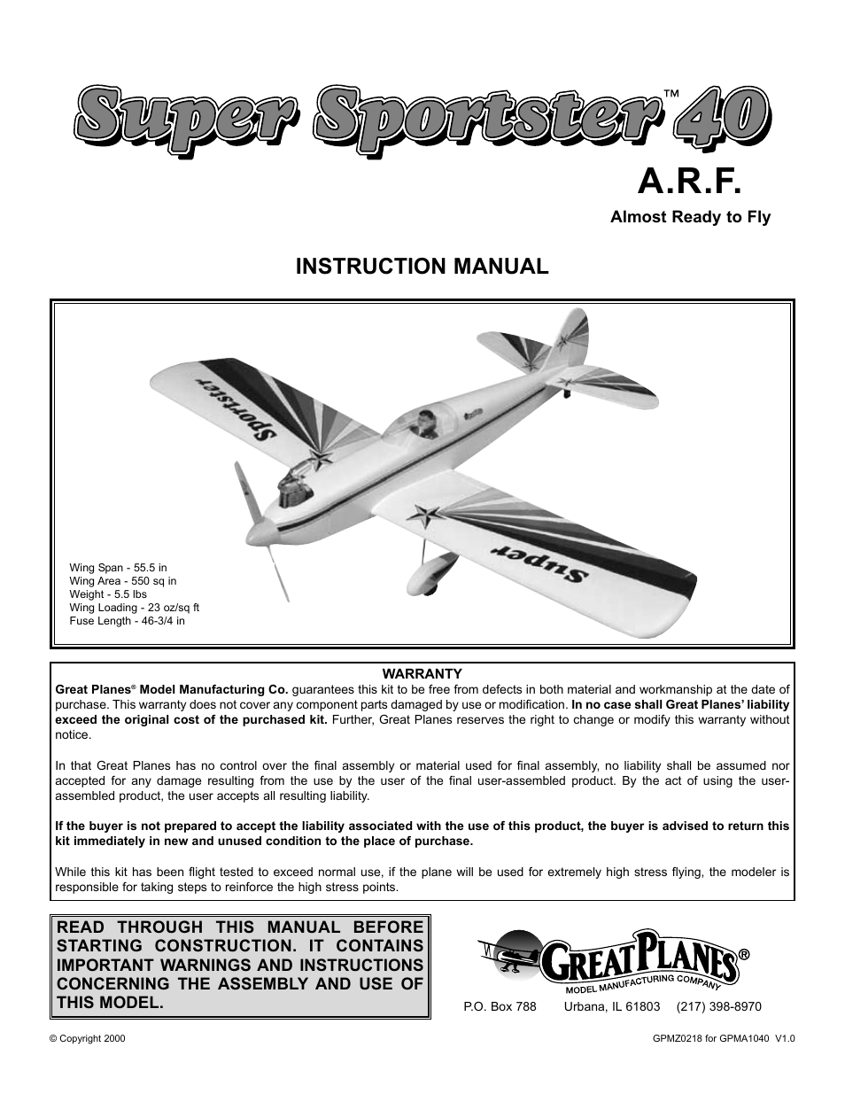 Great Planes Super Sportster 40 ARF - GPMA1040 User Manual | 20 pages