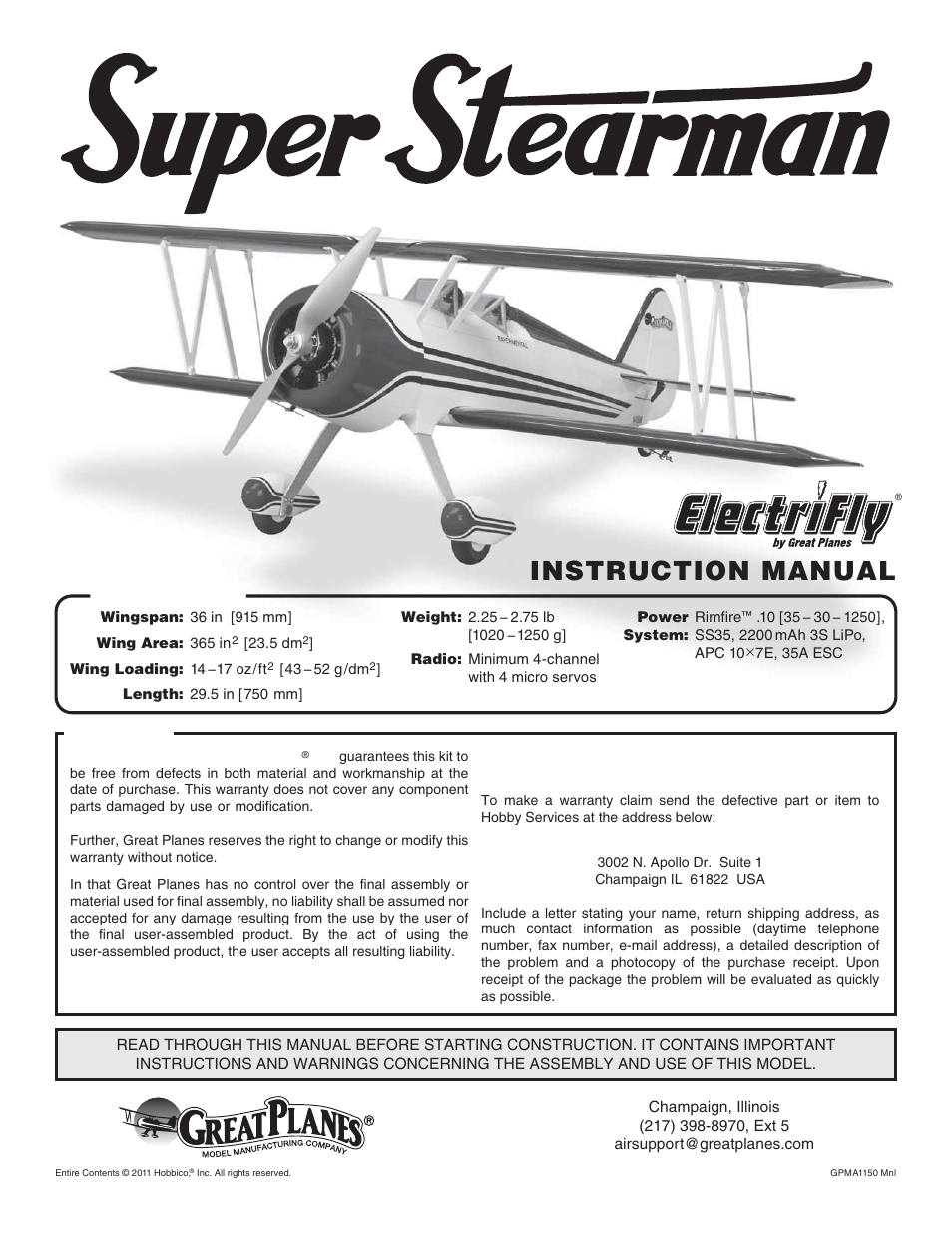 Great Planes Super Stearman EP ARF - GPMA1150 User Manual | 24 pages