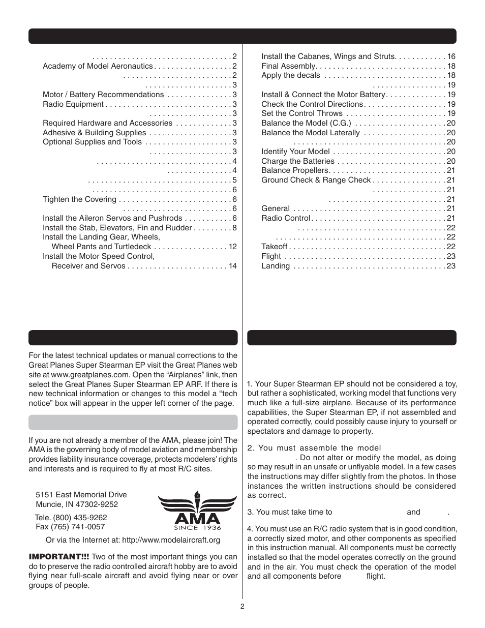 Great Planes Super Stearman EP ARF - GPMA1150 User Manual | Page 2 / 24