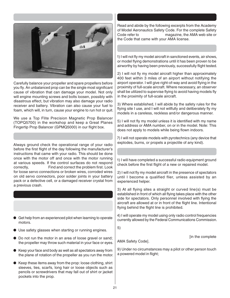 Balance propellers, Ground check & range check, Motor safety precautions | Ama safety code excerpts, General, Radio control | Great Planes Super Stearman EP ARF - GPMA1150 User Manual | Page 21 / 24