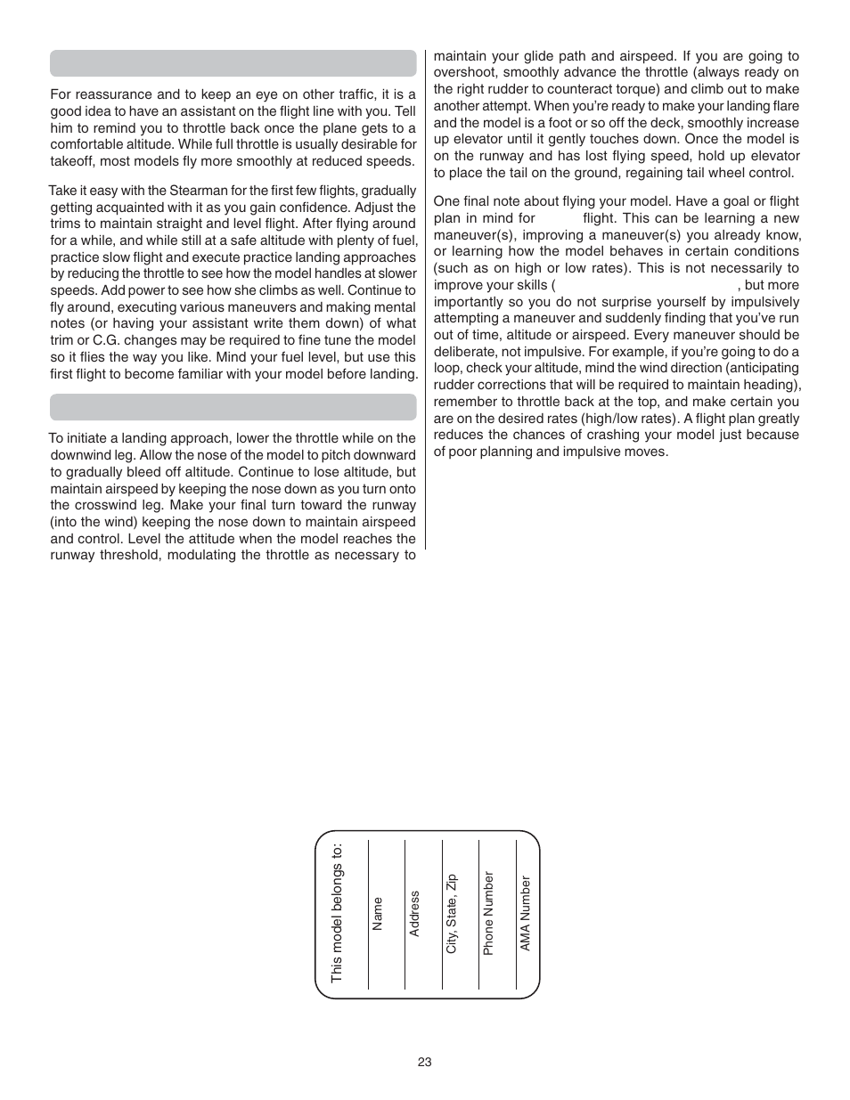 Flight, Landing, Good luck and great flying | Great Planes Super Stearman EP ARF - GPMA1150 User Manual | Page 23 / 24