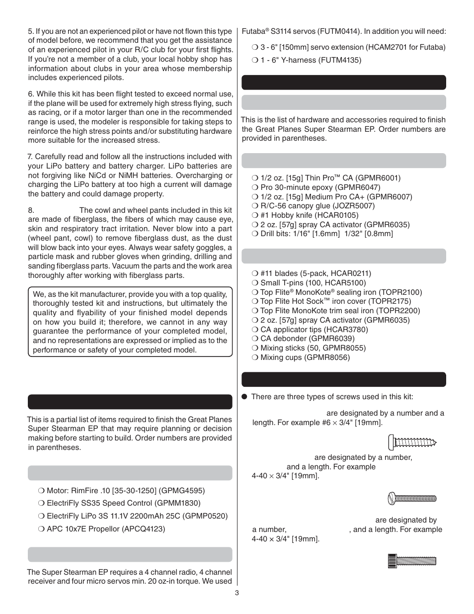 Decisions you must make, Motor / battery recommendations, Radio equipment | Adhesive & building supplies, Optional supplies & tools | Great Planes Super Stearman EP ARF - GPMA1150 User Manual | Page 3 / 24