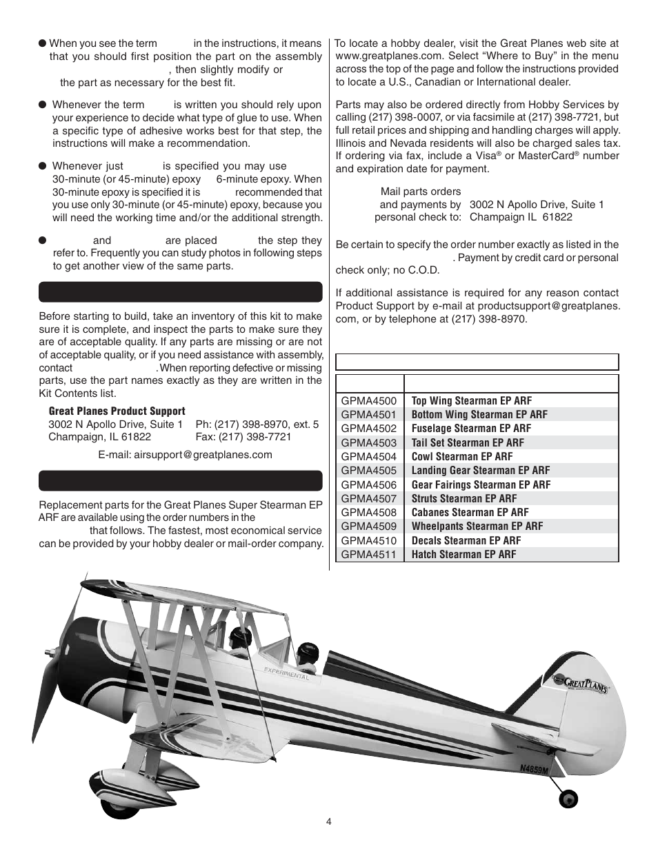 Kit inspection, Ordering replacement parts | Great Planes Super Stearman EP ARF - GPMA1150 User Manual | Page 4 / 24