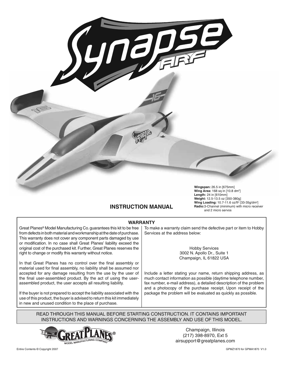 Great Planes Synapse EDF ARF - GPMA1870 User Manual | 12 pages