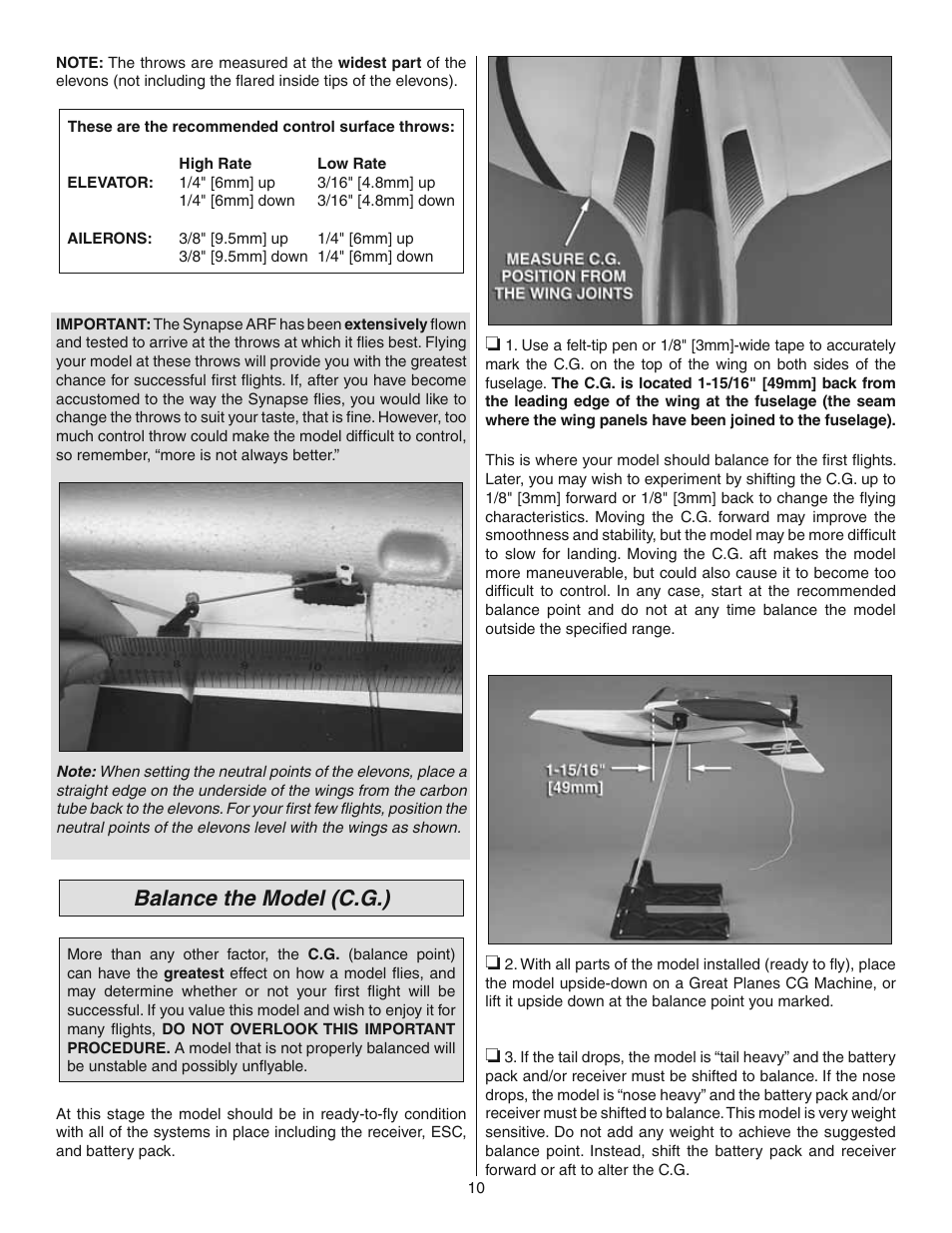 Balance the model (c.g.) | Great Planes Synapse EDF ARF - GPMA1870 User Manual | Page 10 / 12