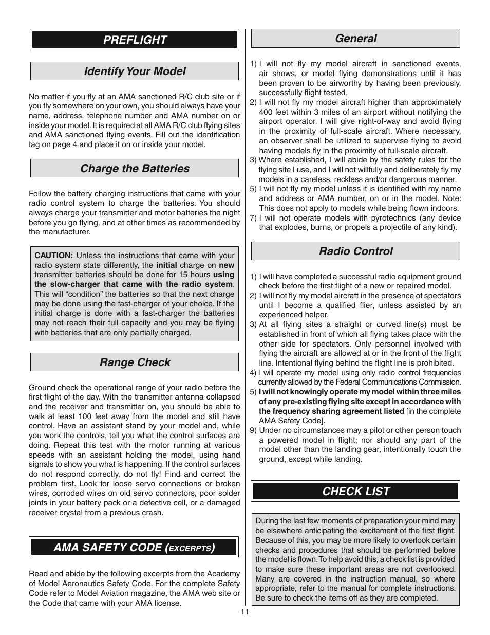 Preflight identify your model, Charge the batteries, Range check | Ama safety code, General, Radio control, Check list | Great Planes Synapse EDF ARF - GPMA1870 User Manual | Page 11 / 12