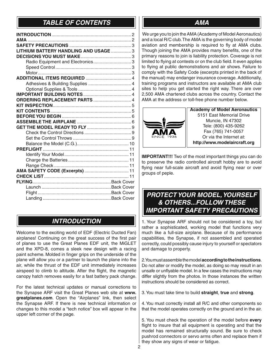 Great Planes Synapse EDF ARF - GPMA1870 User Manual | Page 2 / 12