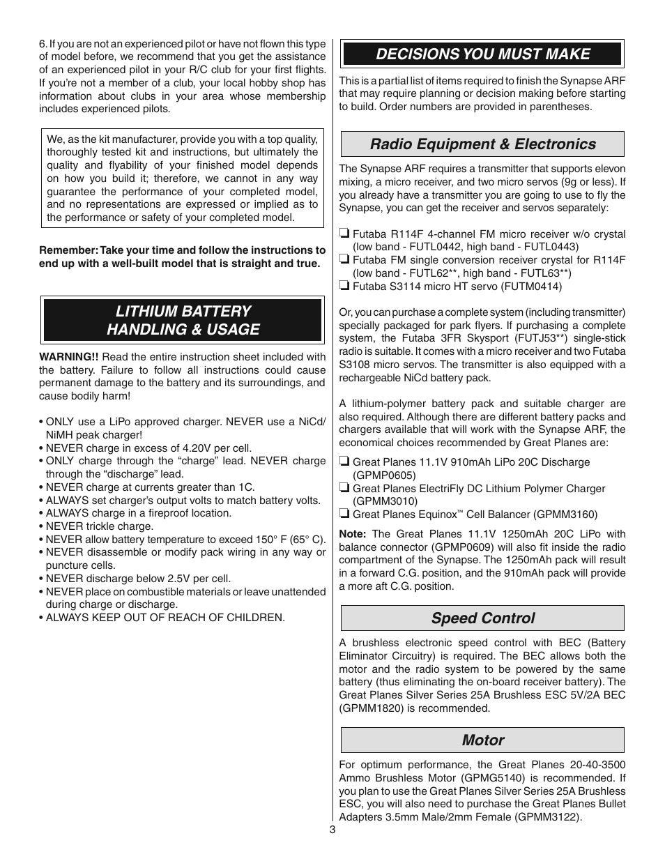 Lithium battery handling & usage, Decisions you must make, Radio equipment & electronics | Speed control, Motor | Great Planes Synapse EDF ARF - GPMA1870 User Manual | Page 3 / 12