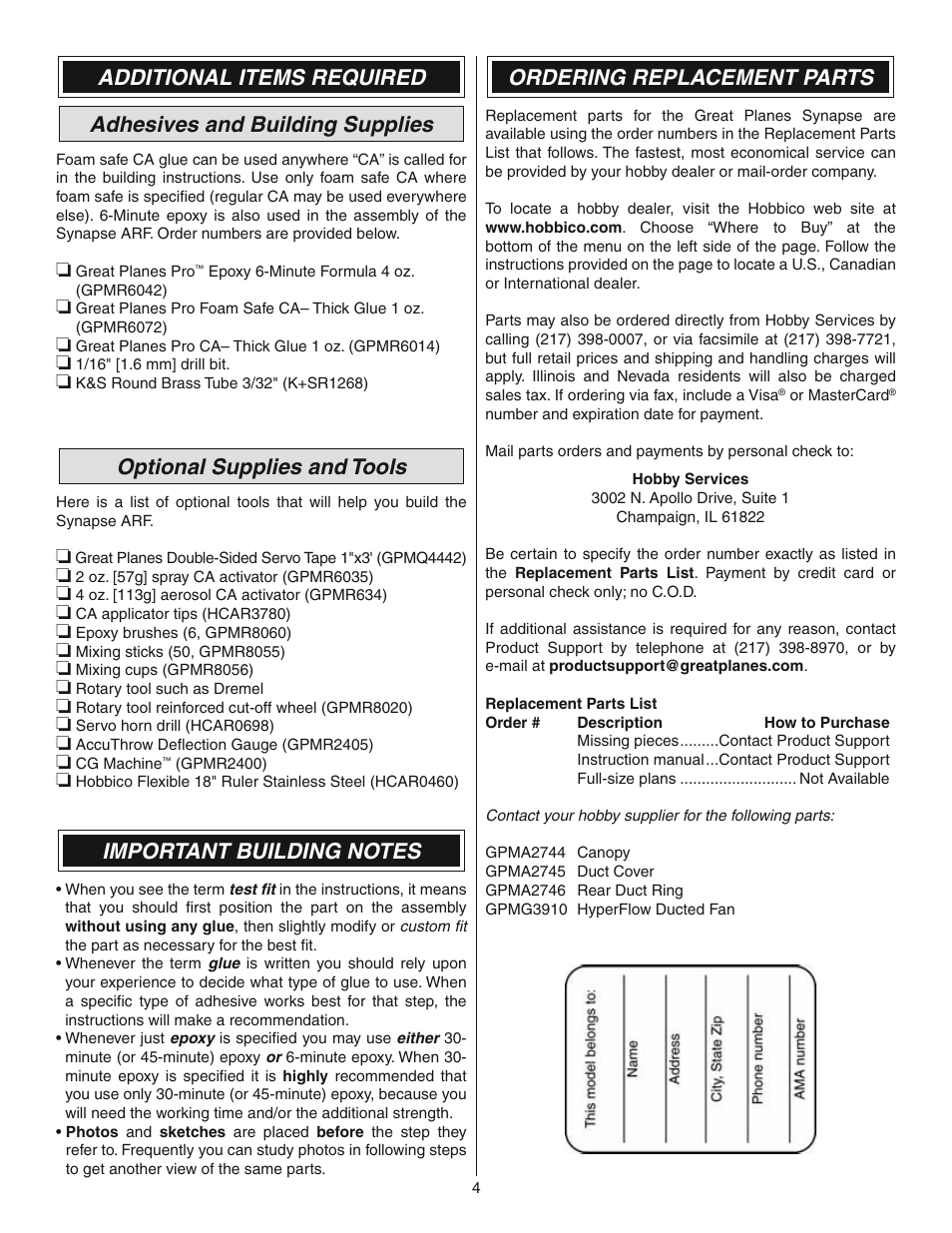 Optional supplies and tools, Ordering replacement parts | Great Planes Synapse EDF ARF - GPMA1870 User Manual | Page 4 / 12