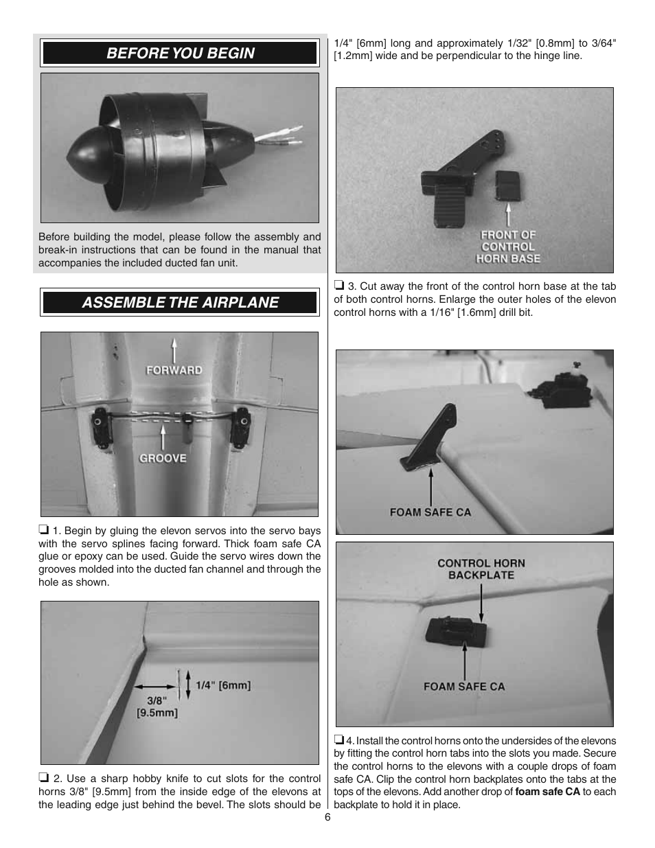 Before you begin, Assemble the airplane | Great Planes Synapse EDF ARF - GPMA1870 User Manual | Page 6 / 12