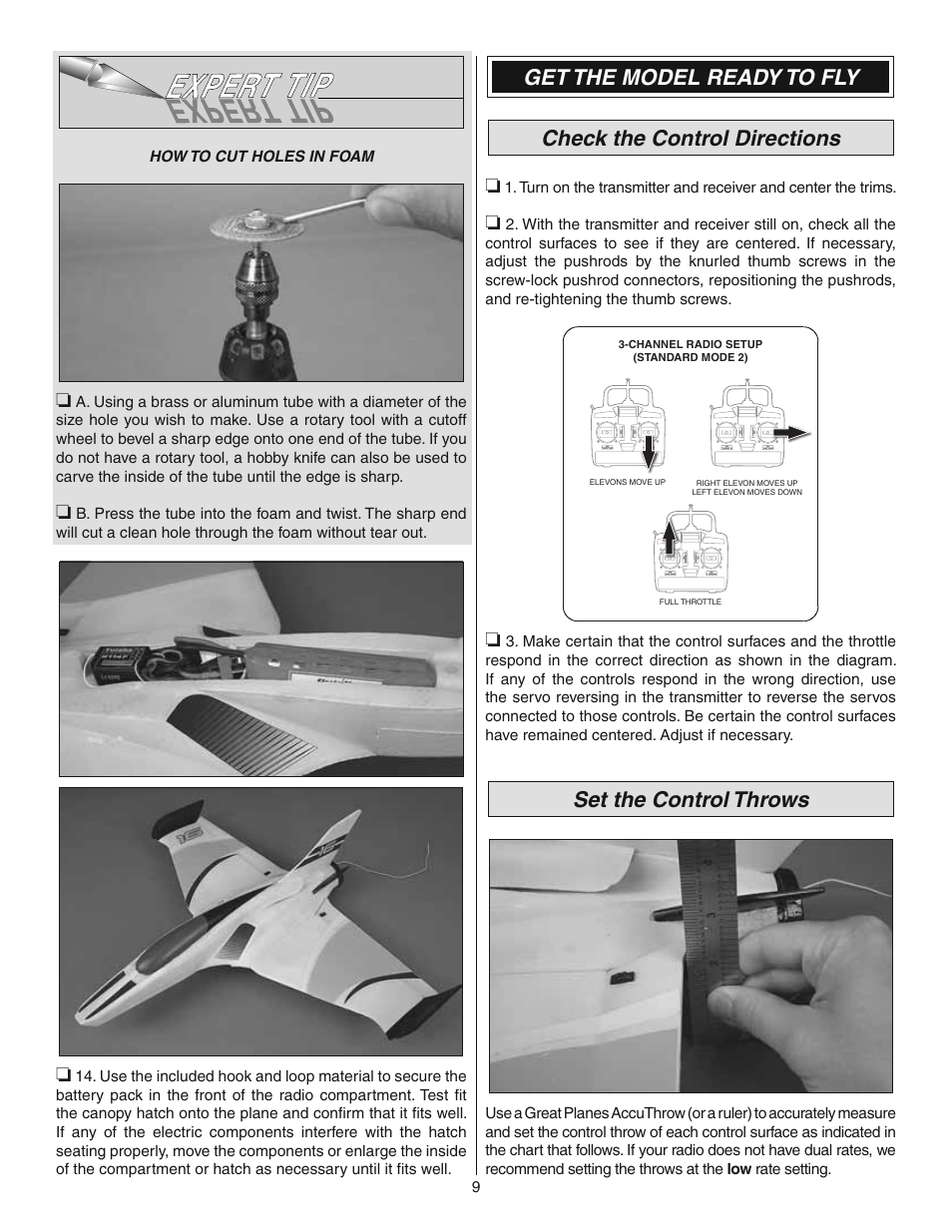 Set the control throws | Great Planes Synapse EDF ARF - GPMA1870 User Manual | Page 9 / 12