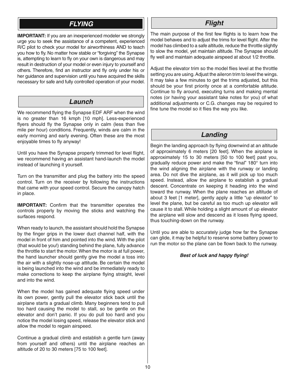 Flying, Launch, Flight | Landing | Great Planes Synapse EDF Rx-R - GPMA6000 User Manual | Page 10 / 12