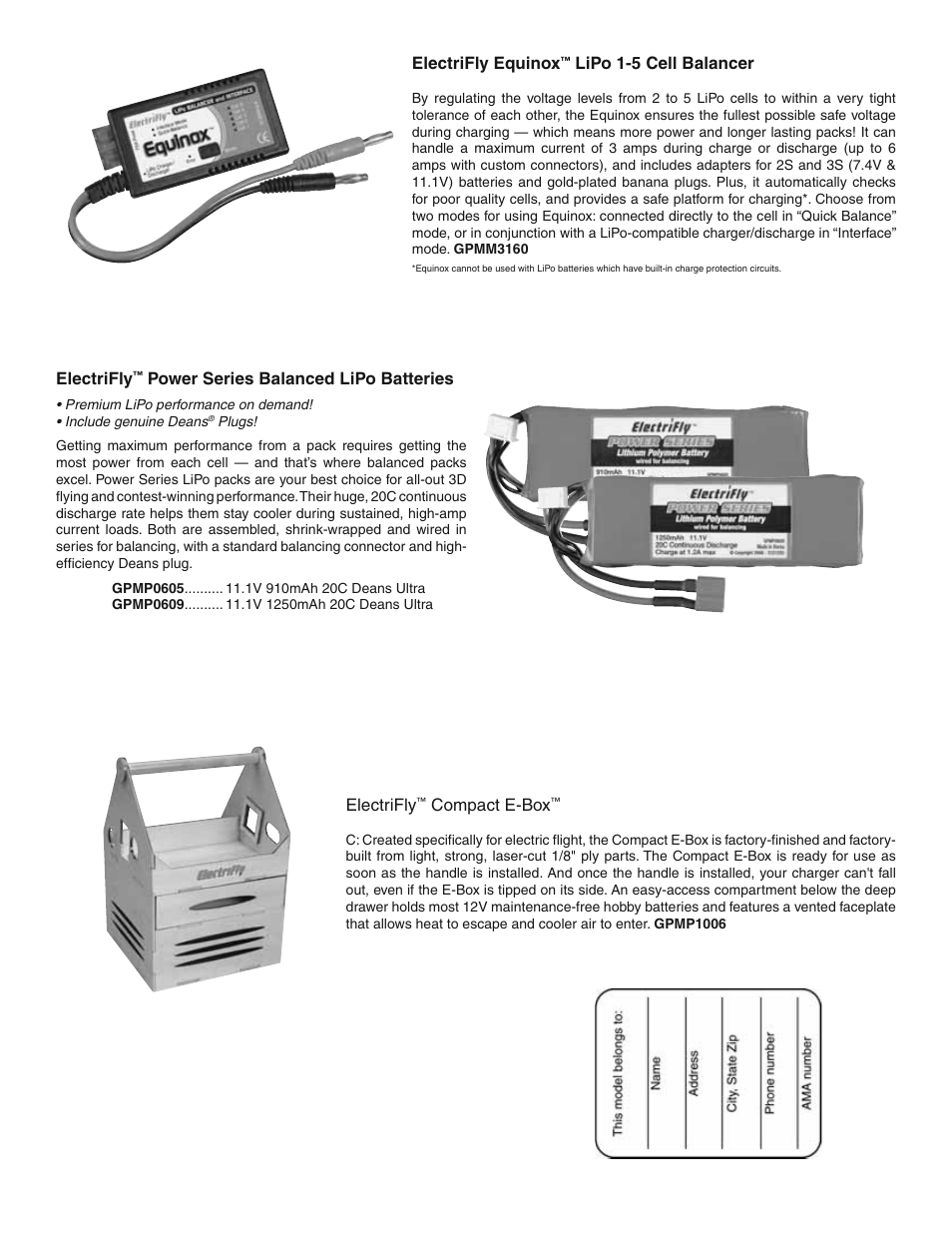 Electrifly equinox, Lipo 1-5 cell balancer, Electrifly | Compact e-box, Power series balanced lipo batteries | Great Planes Synapse EDF Rx-R - GPMA6000 User Manual | Page 12 / 12