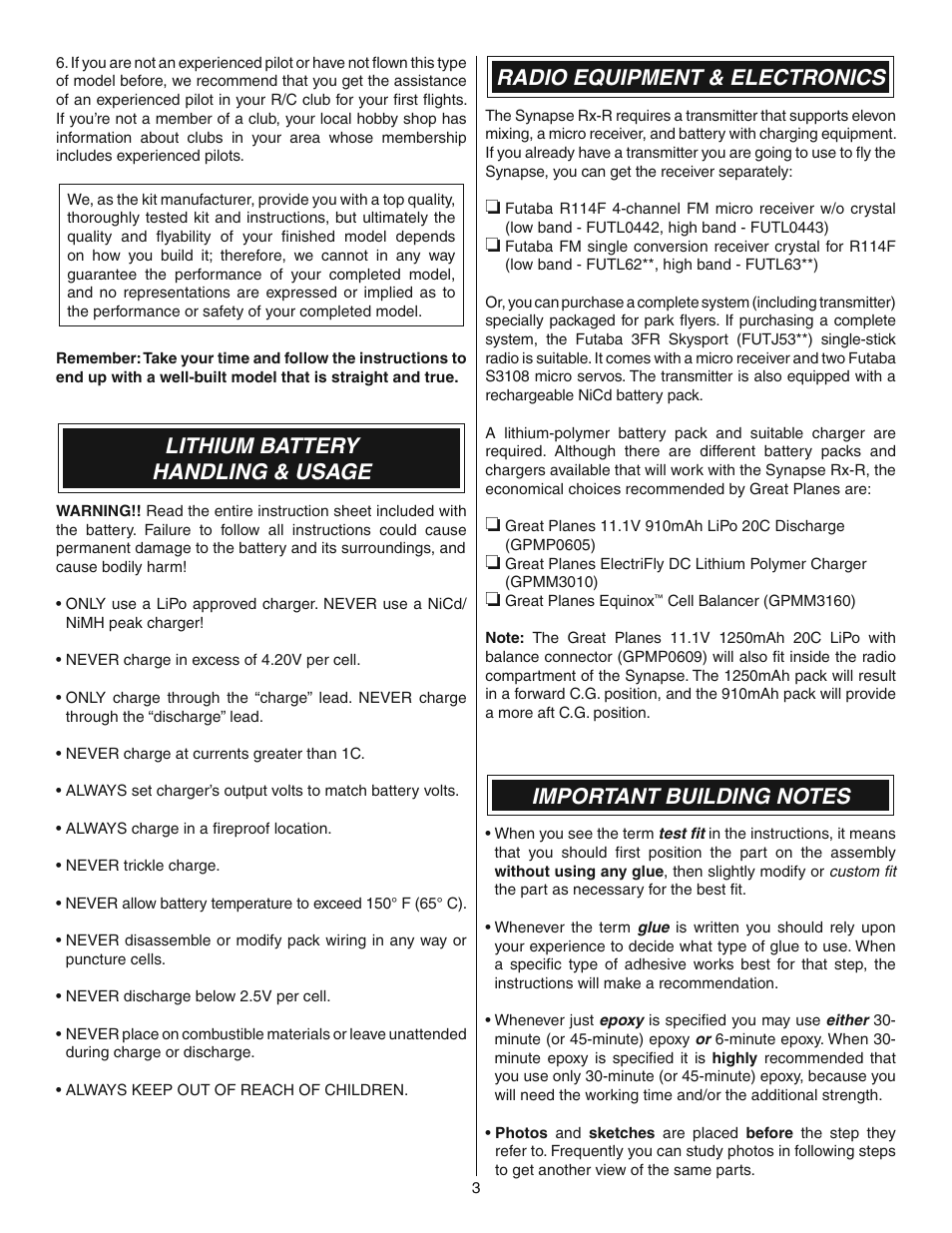 Lithium battery handling & usage, Radio equipment & electronics | Great Planes Synapse EDF Rx-R - GPMA6000 User Manual | Page 3 / 12