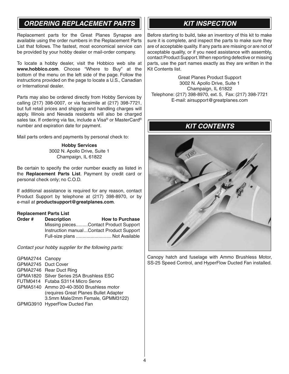 Ordering replacement parts, Kit inspection, Kit contents | Great Planes Synapse EDF Rx-R - GPMA6000 User Manual | Page 4 / 12