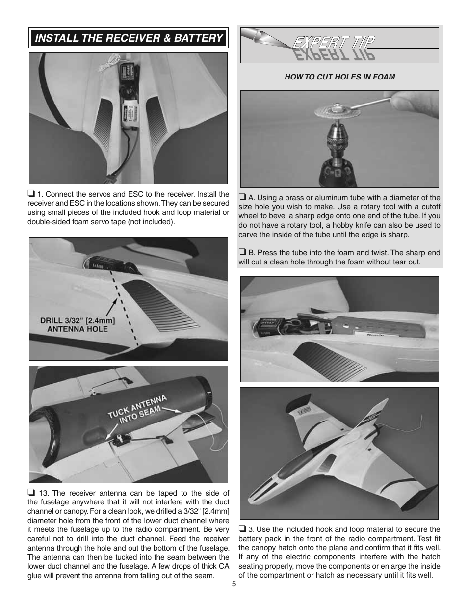 Install the receiver & battery | Great Planes Synapse EDF Rx-R - GPMA6000 User Manual | Page 5 / 12