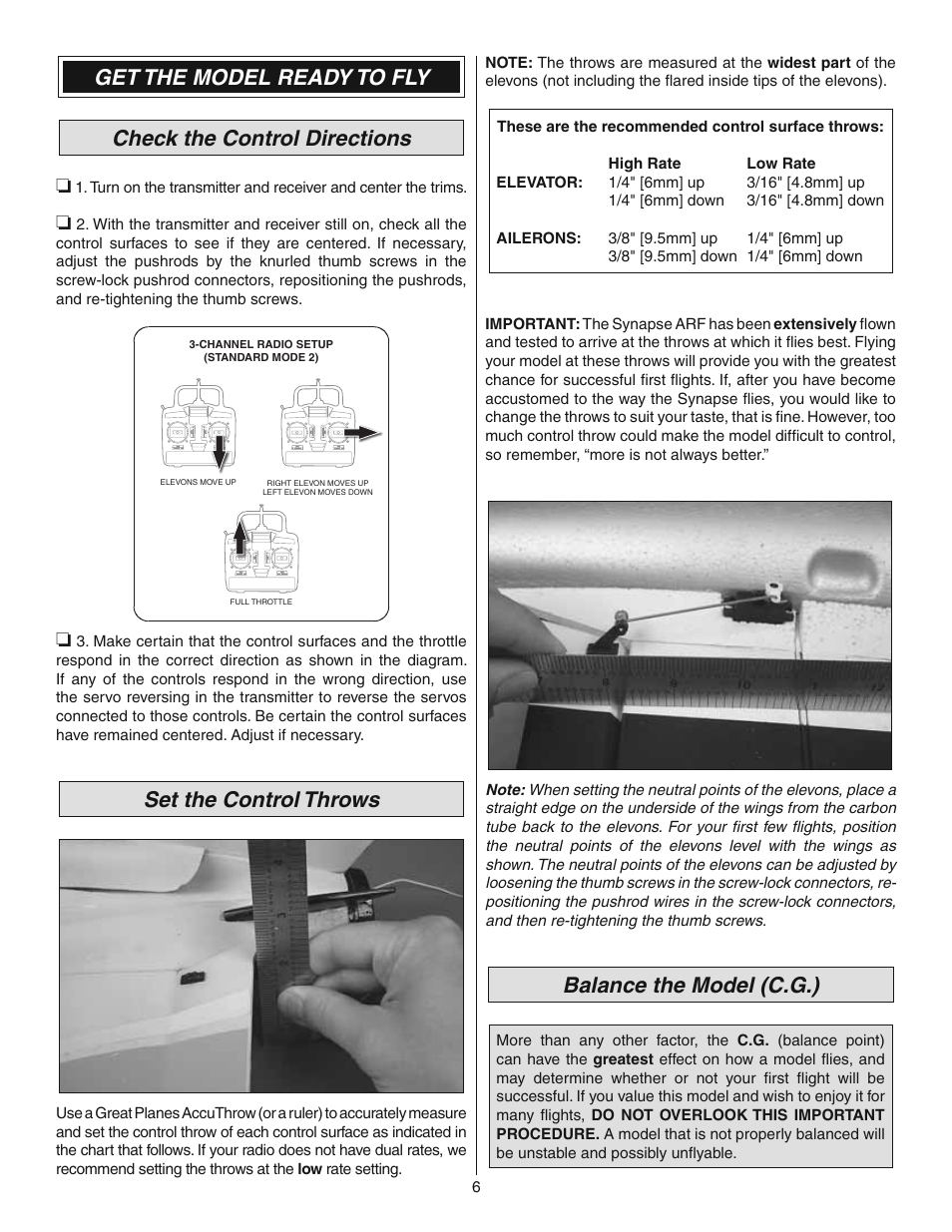 Set the control throws, Balance the model (c.g.) | Great Planes Synapse EDF Rx-R - GPMA6000 User Manual | Page 6 / 12
