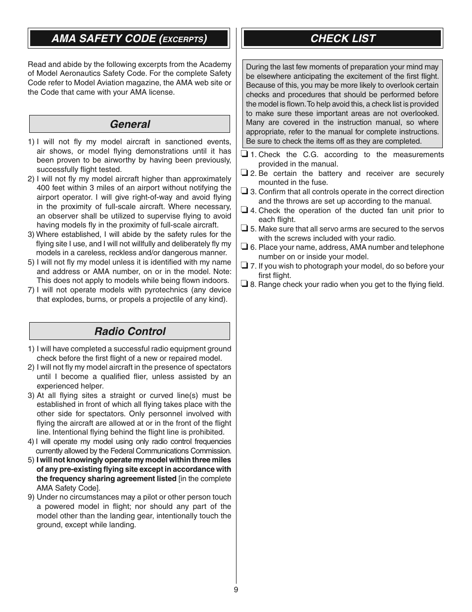 Ama safety code, General, Radio control | Check list | Great Planes Synapse EDF Rx-R - GPMA6000 User Manual | Page 9 / 12