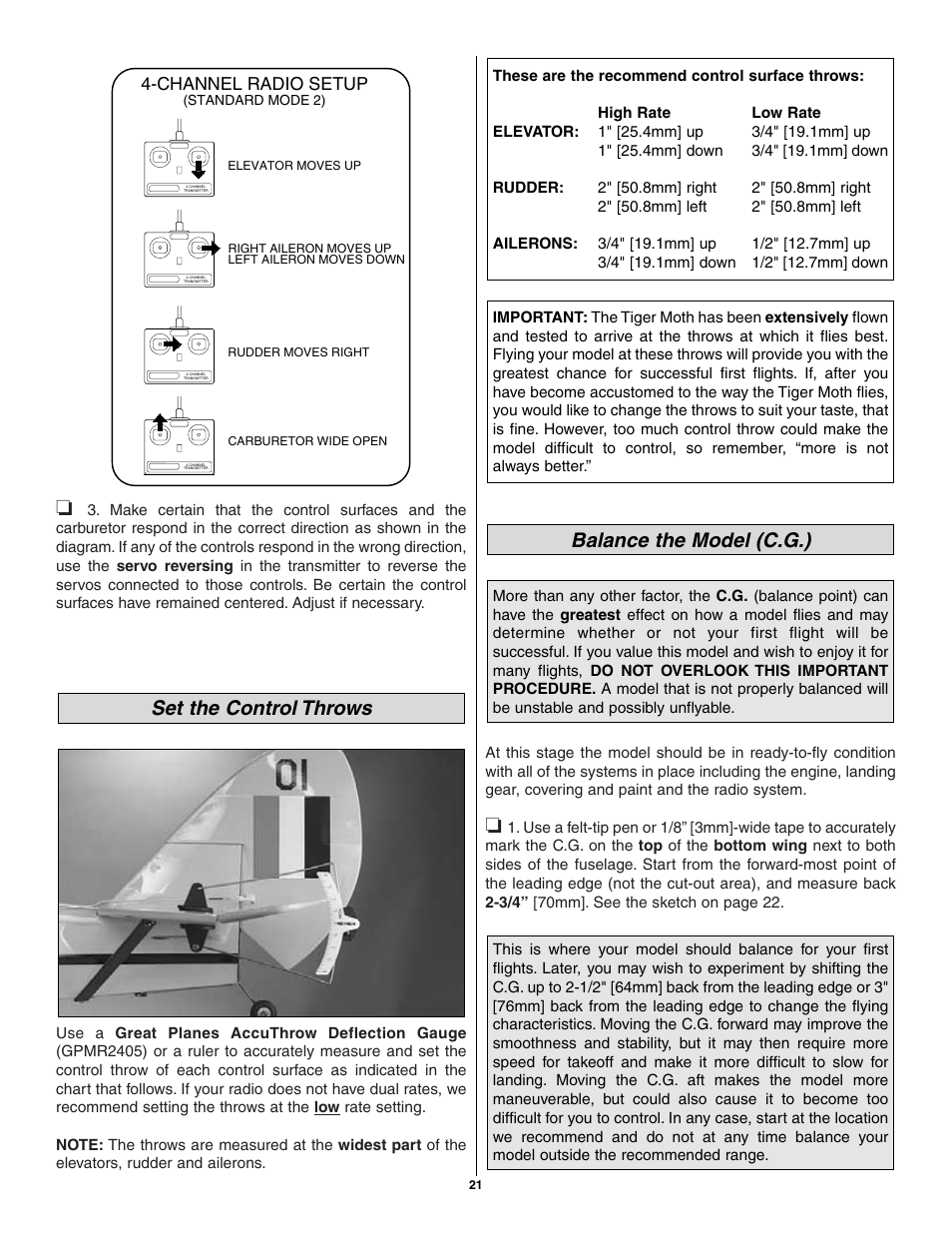 Balance the model (c.g.), Set the control throws, Channel radio setup | Great Planes Tiger Moth 60 ARF - GPMA1330 User Manual | Page 21 / 28