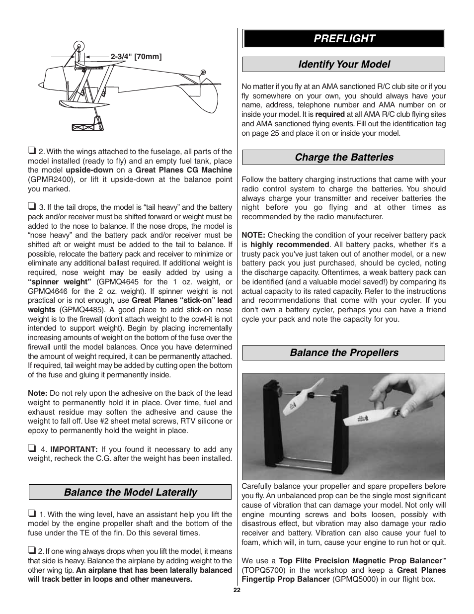 Preflight, Balance the model laterally | Great Planes Tiger Moth 60 ARF - GPMA1330 User Manual | Page 22 / 28