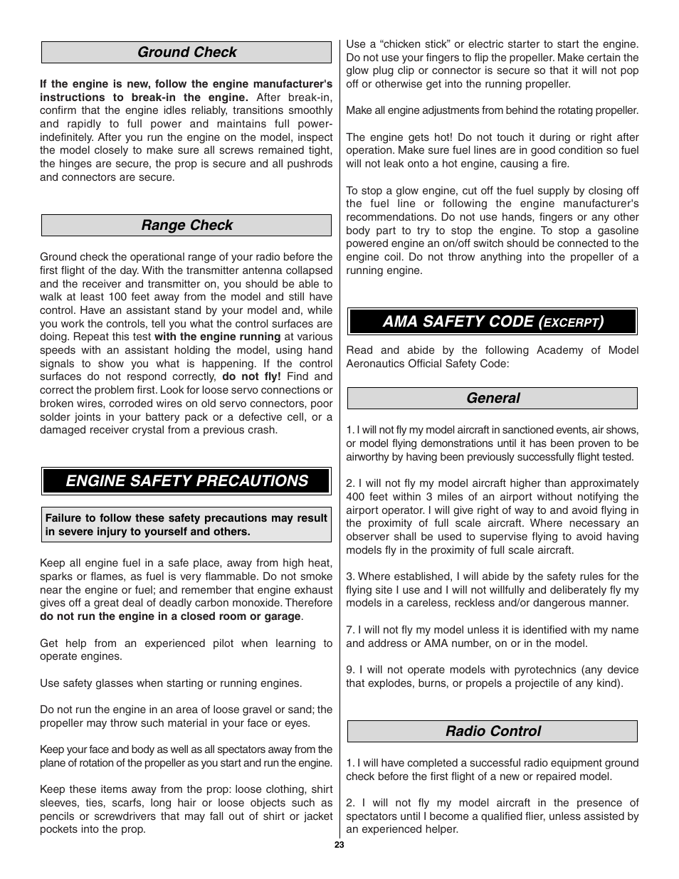 Ama safety code, Engine safety precautions, Radio control general | Range check ground check | Great Planes Tiger Moth 60 ARF - GPMA1330 User Manual | Page 23 / 28