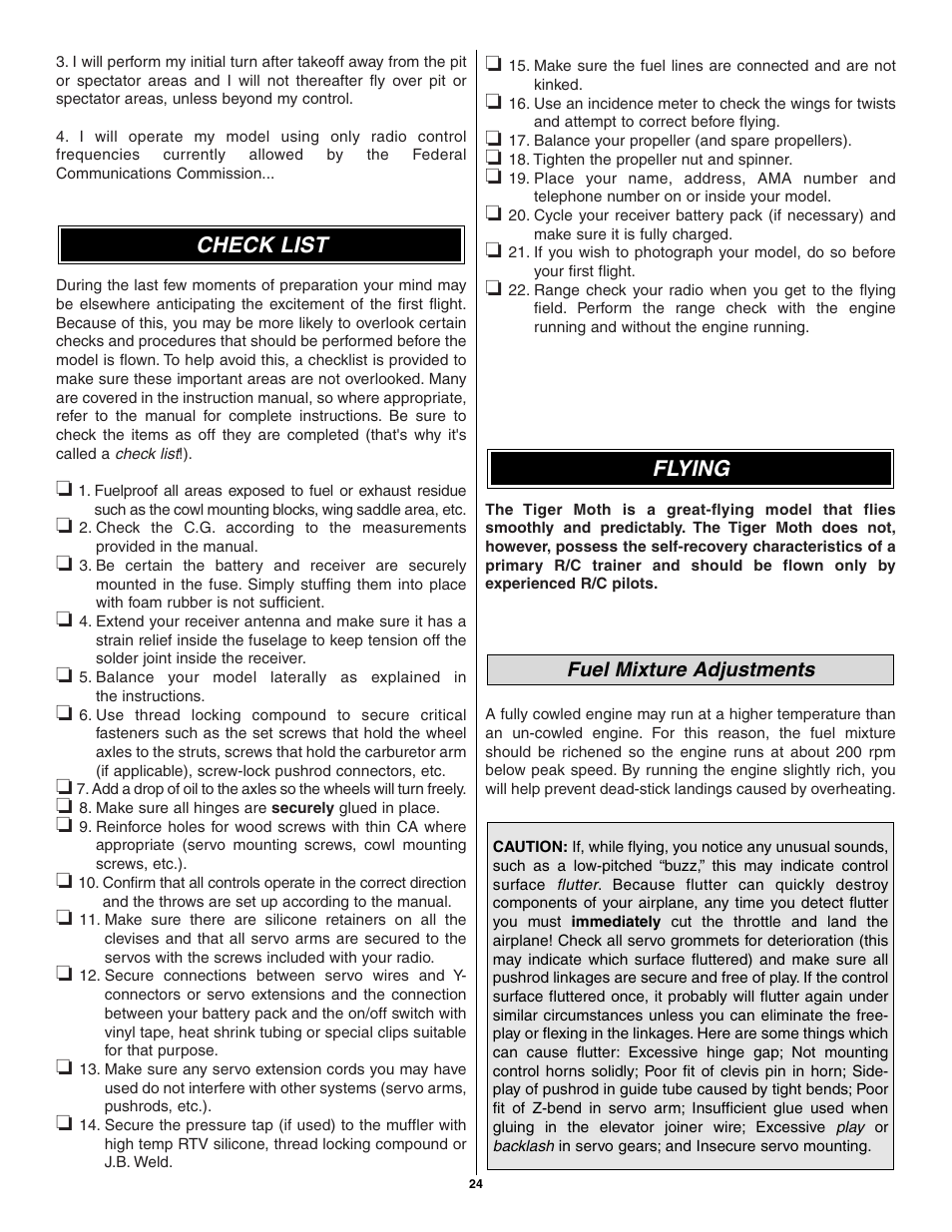 Flying check list | Great Planes Tiger Moth 60 ARF - GPMA1330 User Manual | Page 24 / 28