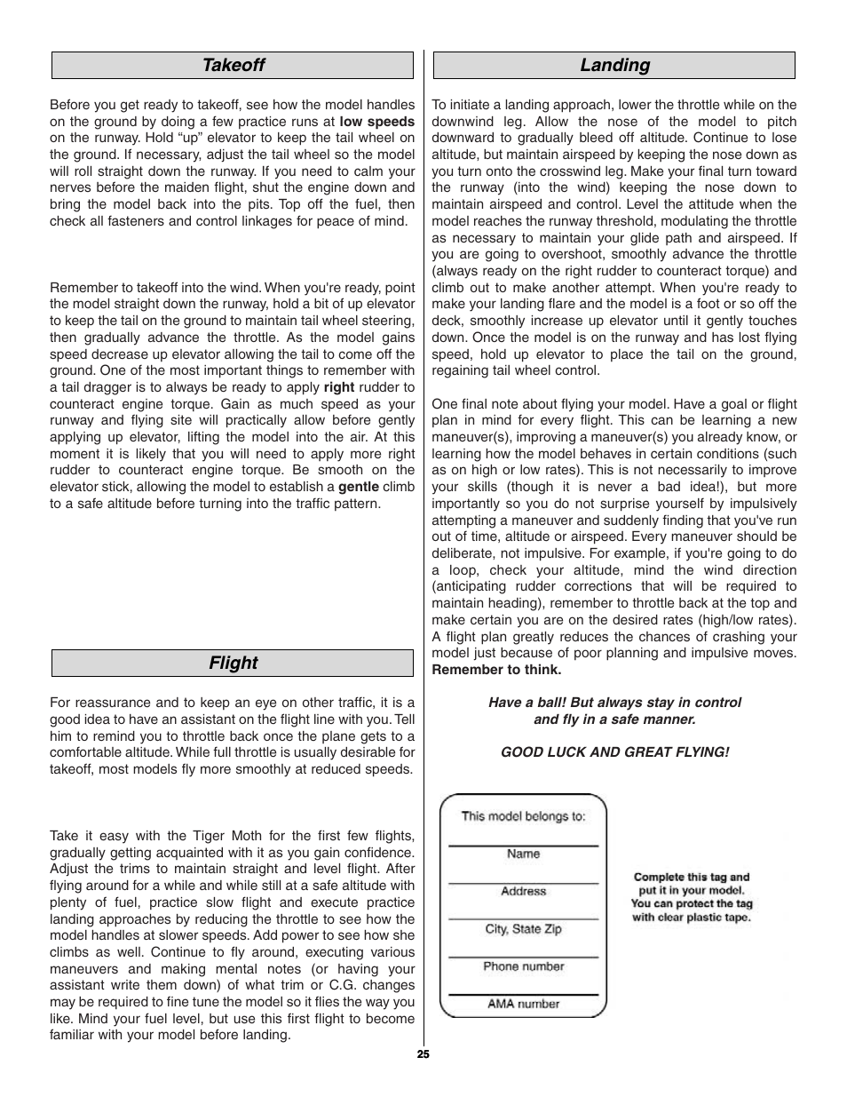 Landing flight takeoff | Great Planes Tiger Moth 60 ARF - GPMA1330 User Manual | Page 25 / 28