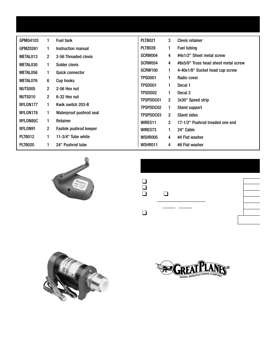 Parts ordering information | Great Planes Top Speed - GPMB1050 User Manual | Page 16 / 16