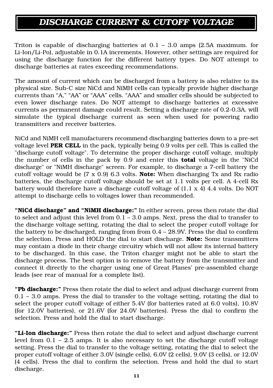 Discharge current & cutoff voltage | Great Planes Triton Charger - GPMM3150 User Manual | Page 11 / 28